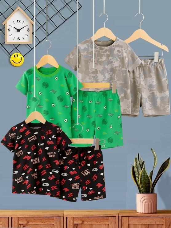 Image of UZARUS Kids Boys' Printed T-Shirt and Shorts Combo Set | Comfortable Summer Wear | Daily Casual Outfit | (Pack of 3)