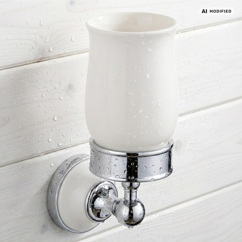 Vaso de Enjuague Retro Blanco Cromo Latón Macizo con Inserto de Cerámica para Baño, Montaje de Pared, Serie COSMOS