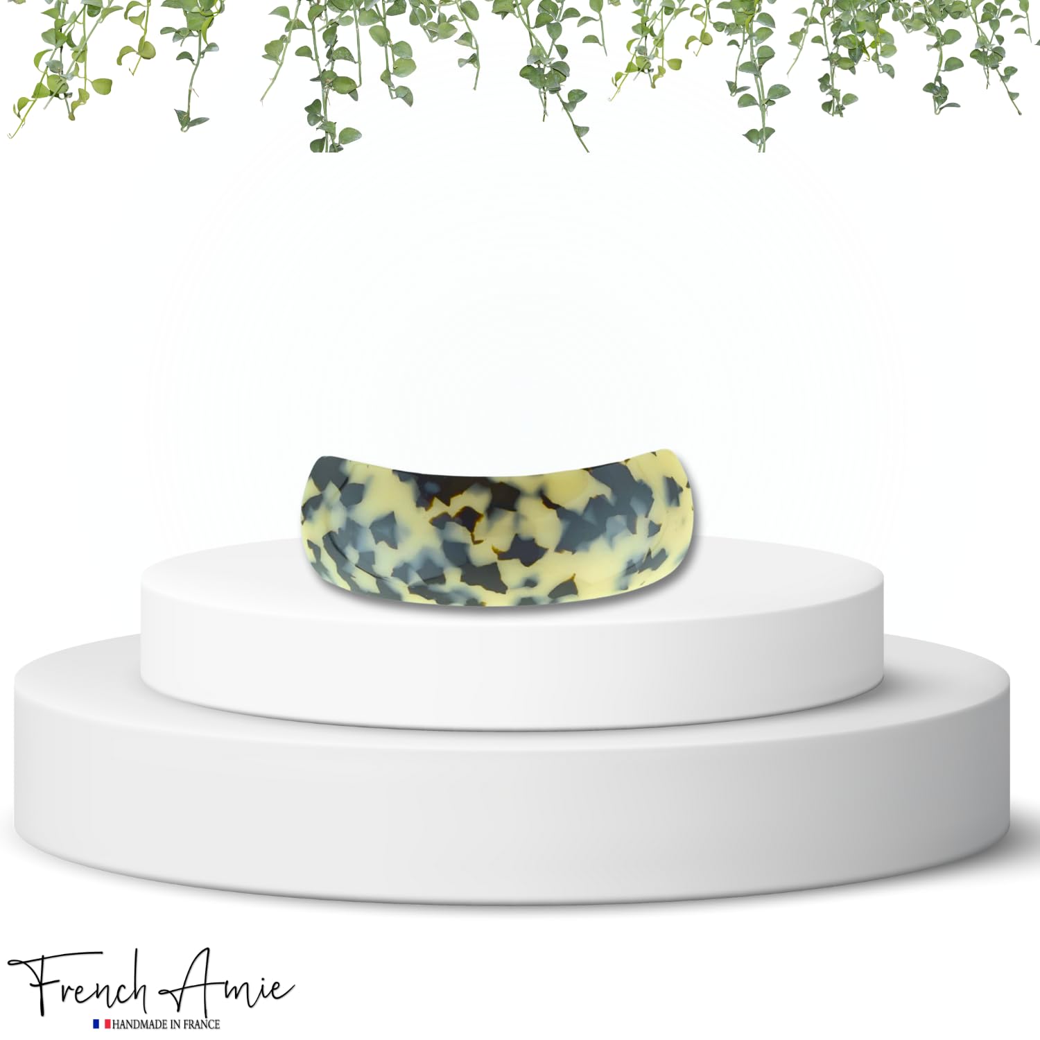 French Amie Broad Curved Arch Large 3 1/2" Celluloid Automatic Volume Hair Clip Strong Hold Grip Hair Clips for Girls No Slip Styling Women Hair Accessories, Made in France (White Tokyo)