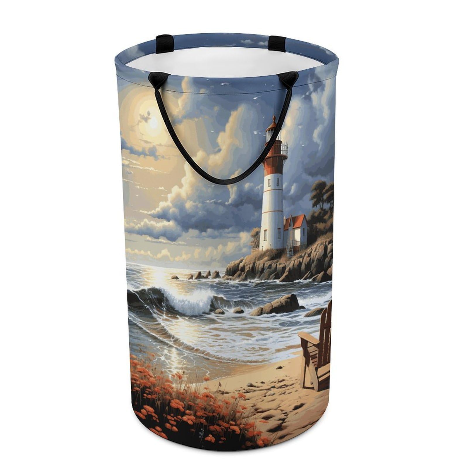 Adfgyerh Style Sea Lighthouse Sandbeach Laundry Basket ，Foldable Waterproof Model ，Laundry Hamper ，Handles On Both Sides Easy To Move ，Storage Basket For Bedroom, Bathroom, Dorm, Laundry Room.