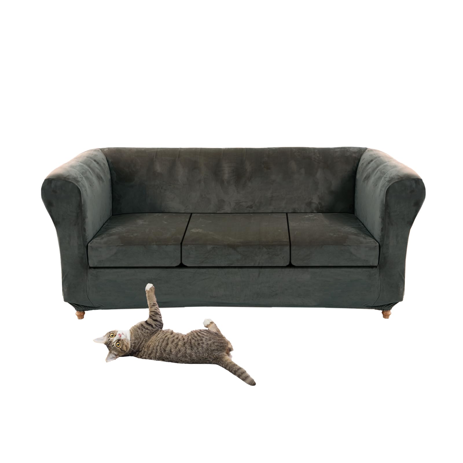 SYLC Stretch Velvet Chesterfield Sofa Cover, Couch Cover with Seat Cushion Cover for Curved Settee Armchair Vintage Style (Dark gray,Sofa+3 Small Seats)