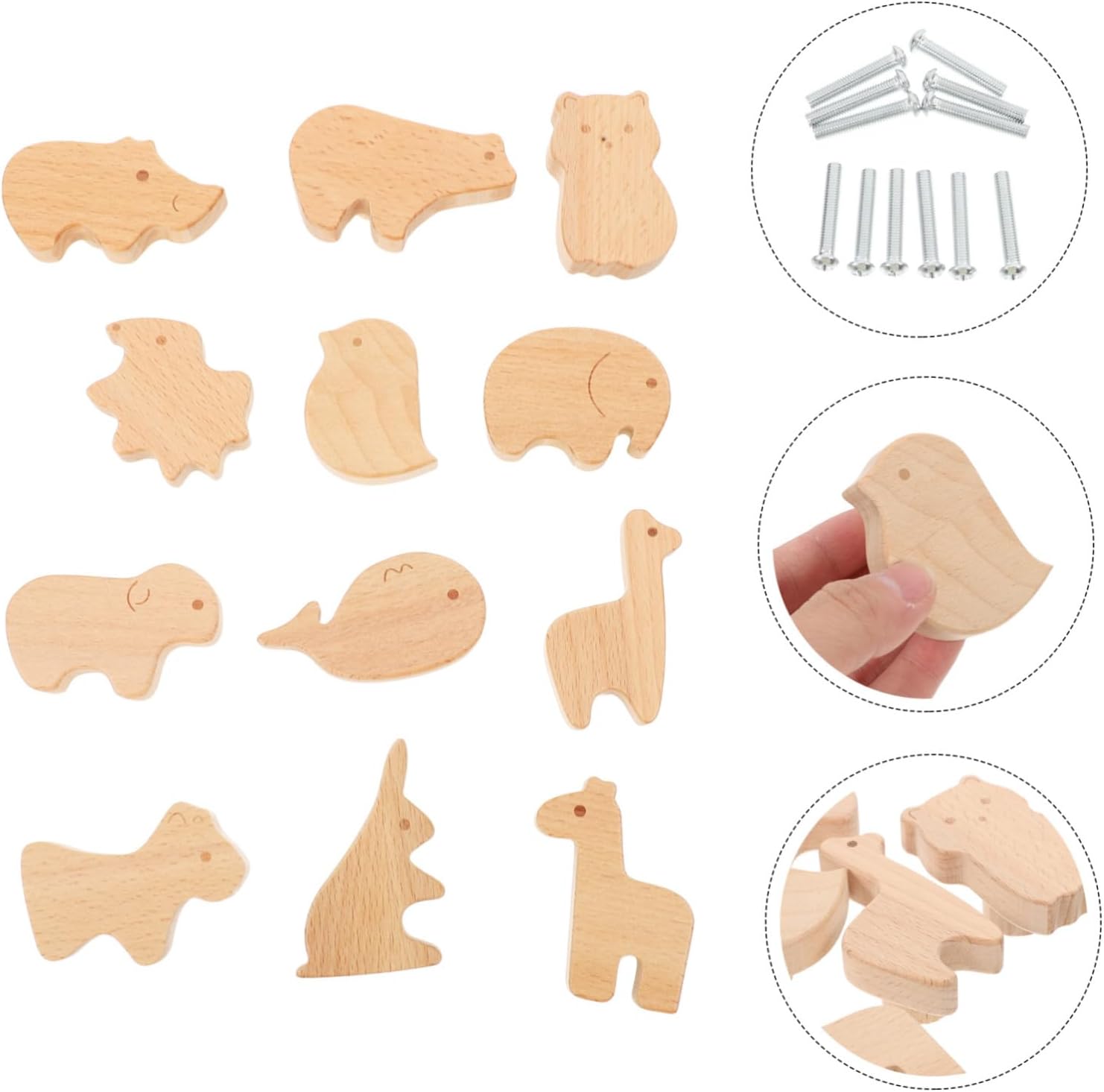 WOONEKY 12pcs Cute Animal-Shaped Wooden Drawer Pulls for Boy Girl Room Natural Wood Dresser Knobs for Nursery Adorable Animal Designs Versatile Cabinet Hardware