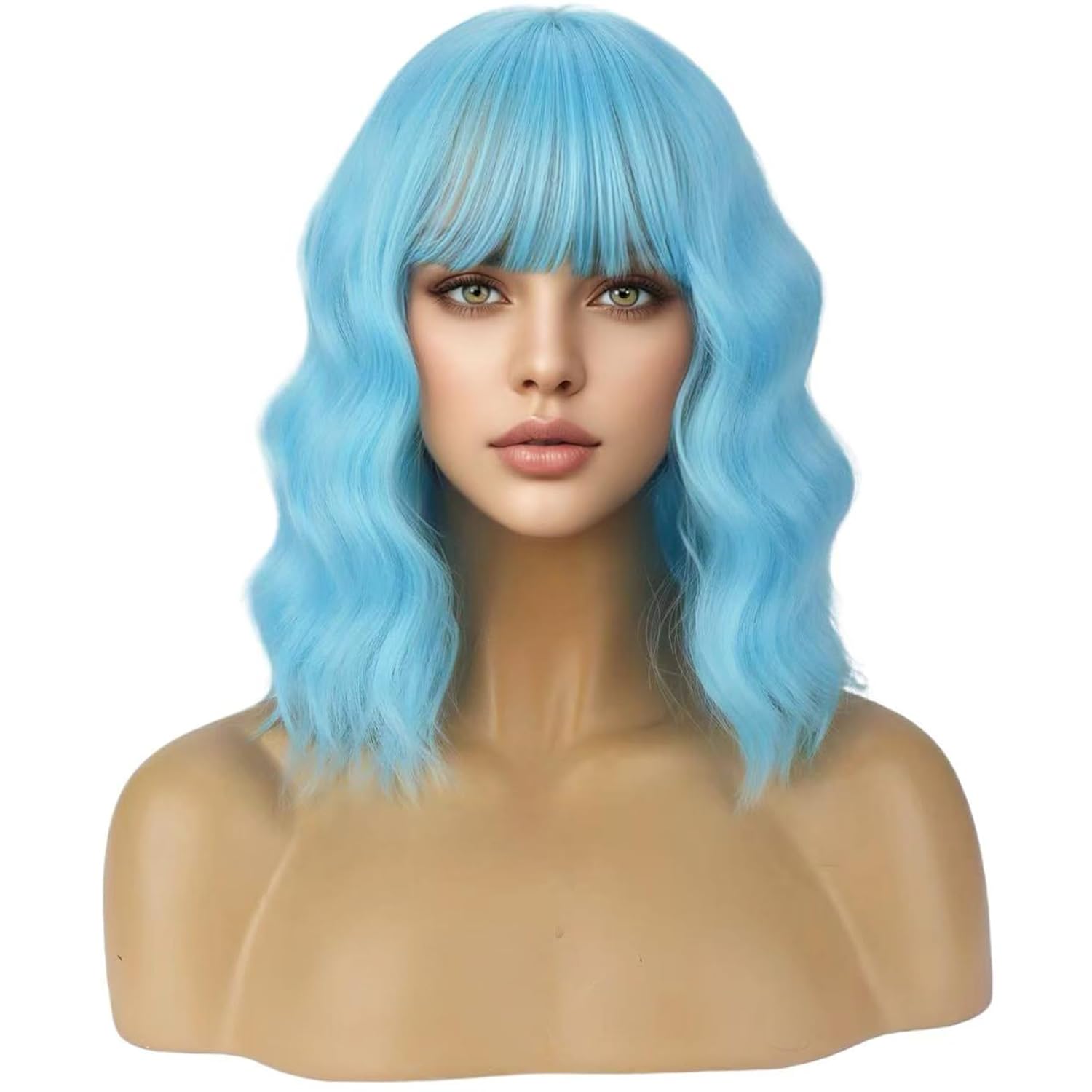 Light Blue Wigs for Women Girls Short Bob Wig Blue Wig Short Curly Wavy Sky Blue wig With Bangs Heat Resistant Synthetic Wigs for Cosplay Costume Party - Image 5