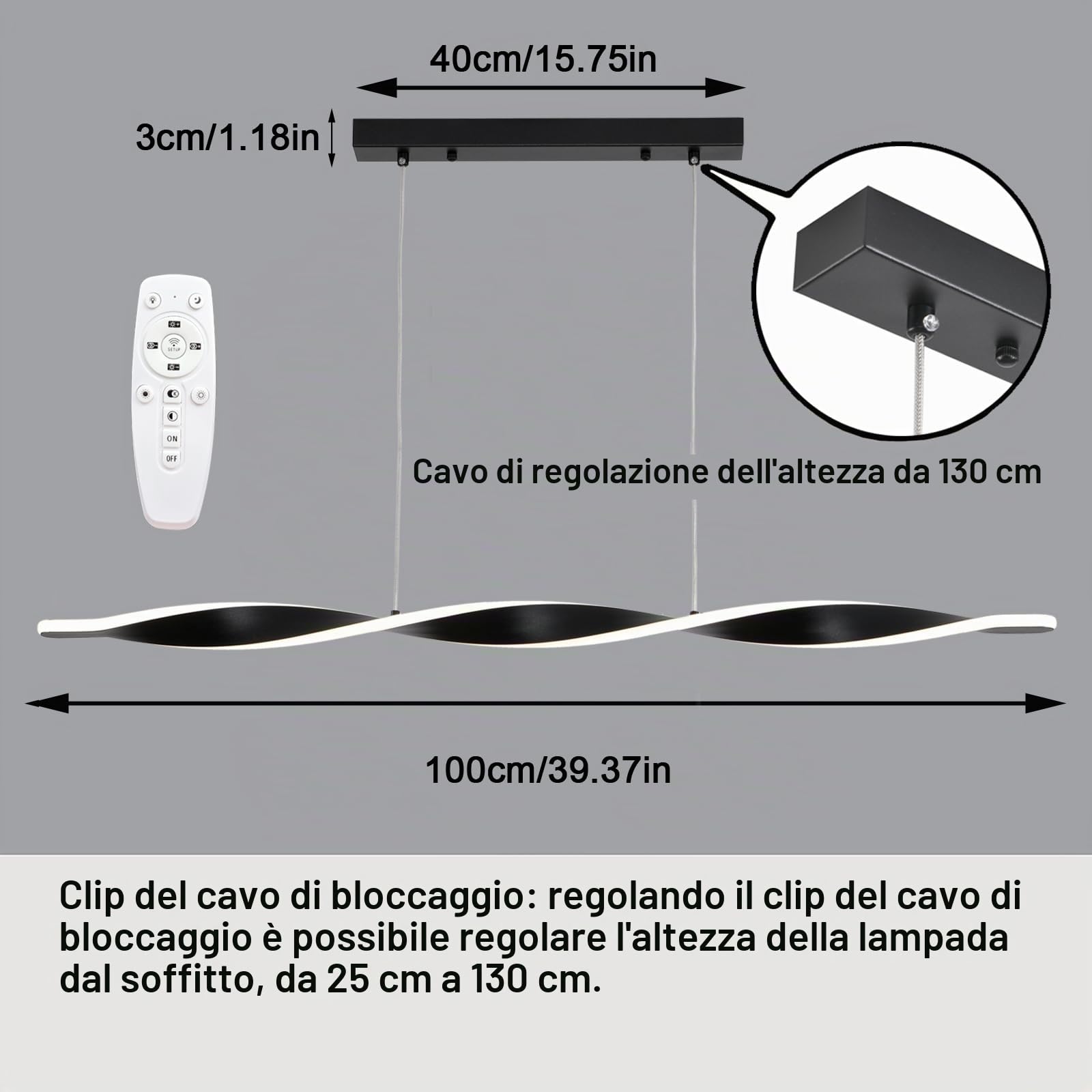 Lampadario a Sospensione Dimmerabile con Telecomando, Lampade a Sospensione Moderne Nere, Spirale Regolabile in Altezza Luce a Sospensione Tavolo da Pranzo per Salotto Cucina Camera da Letto Ufficio