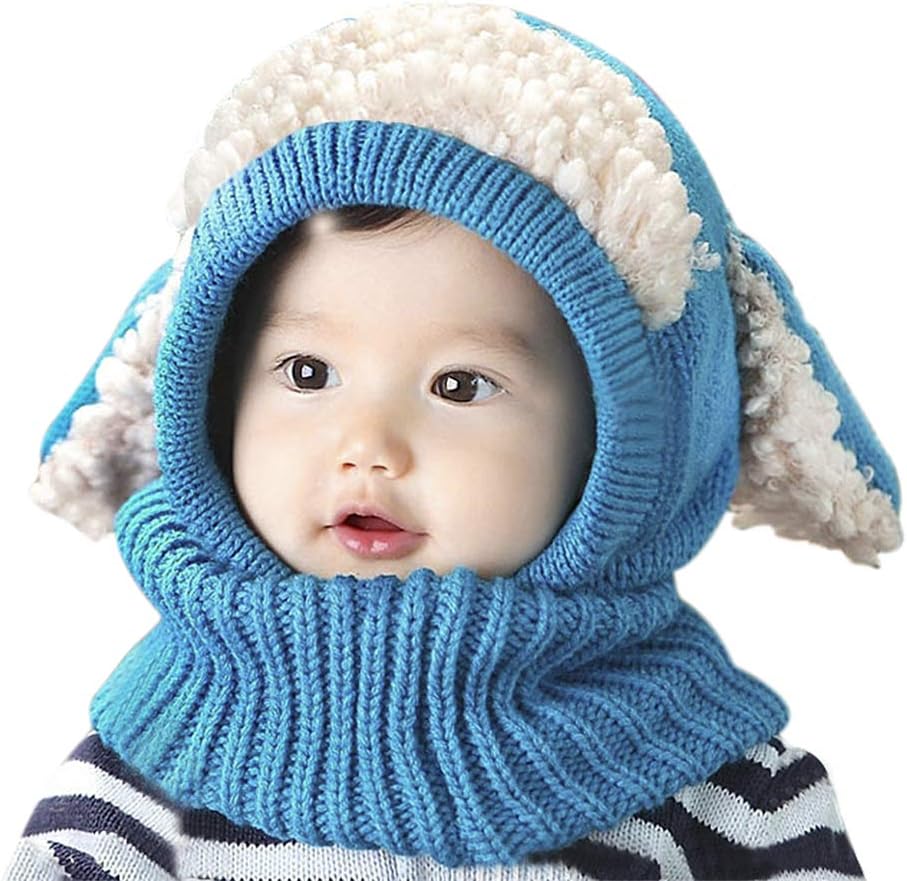 Toddlers Hat Scarf Set in One Infant Boy Girl Animal Coif Hood Cap Winter Warm Knitted Cartoon Pattern Neck Collar Head Wraps Cute Long Ears Kids Outdoor Thick Crochet Cotton Snood Shawl Xmas Gift Kit