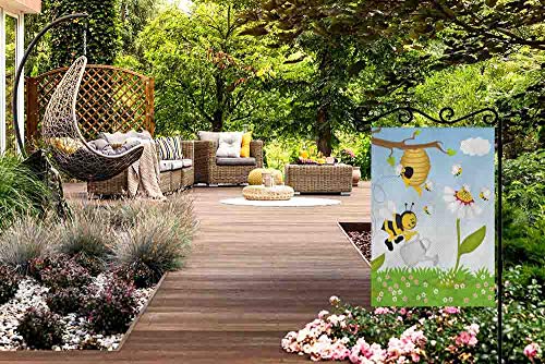 Aoyego Bee Garden Yard Flag 12.5"X 18" Double Sided Polyester Cartoon Bee Watering Flower In The Forest House Flag Banners For Patio Lawn Outdoor Home Decor #TOP4