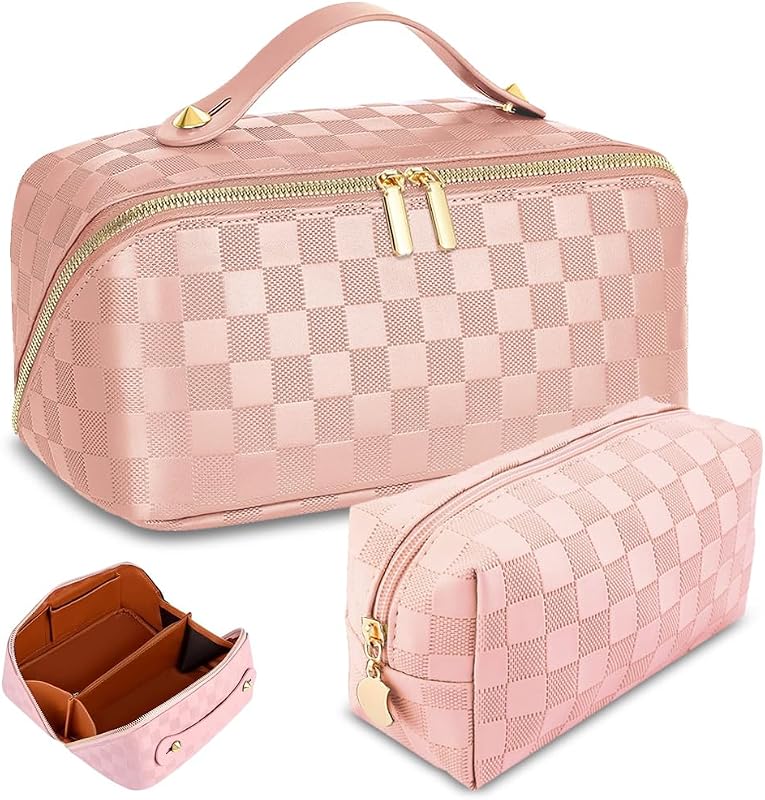 Necessaires de maquiagem xadrez jiffordwind em couro sintético, conjunto com 2, rosa