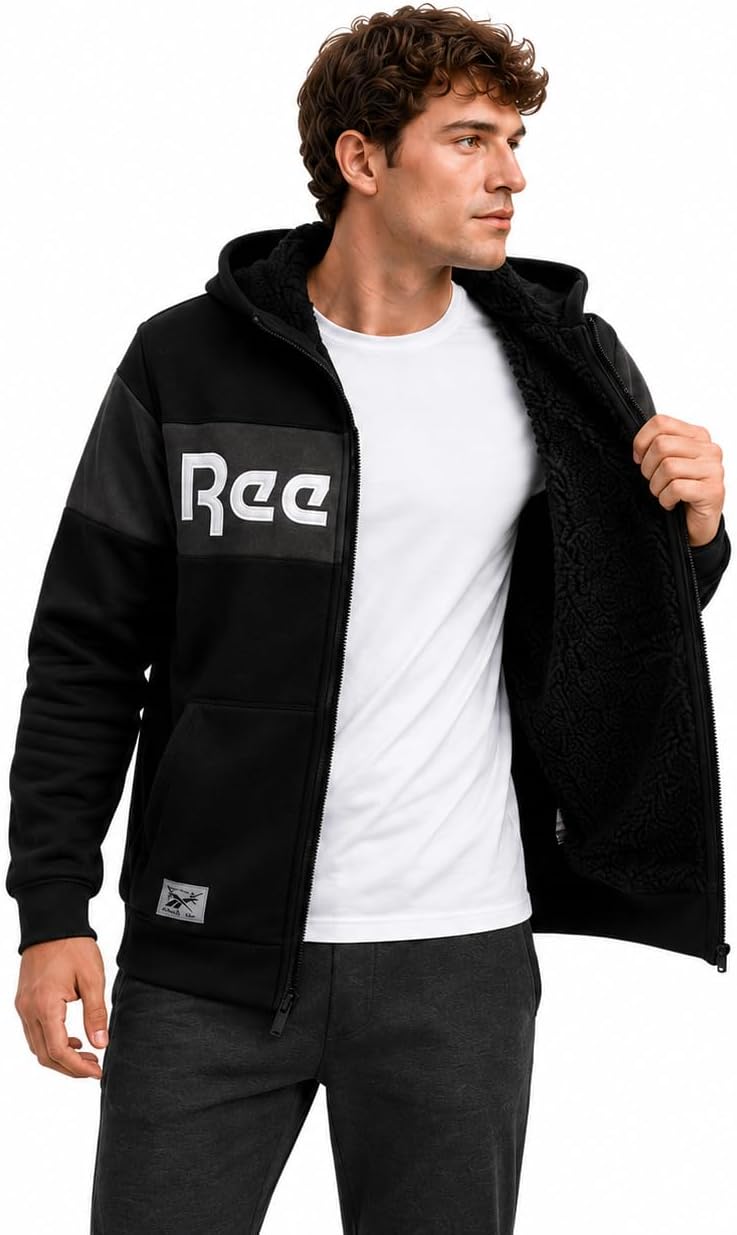 Reebok Mens Midweight Softshell Fleece Full-Zip Hoodie, Sherpa Lined | Plush Warm Lining, Athletic Performance Fit, Zip Pockets, Easy Layering for Cold-Weather Everyday Wear