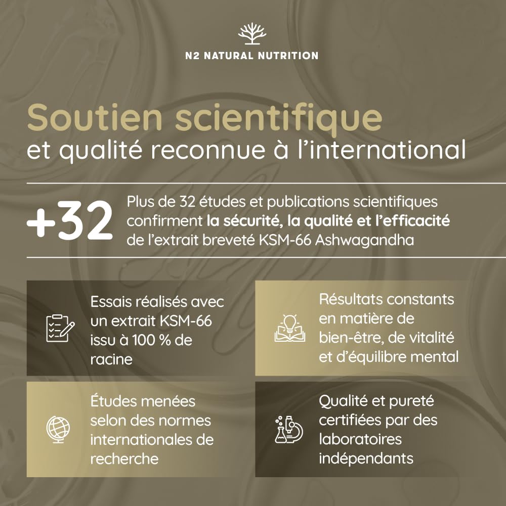 Ashwagandha KSM-66 + Magnésium. 7500 mg Extrait, 180 Gélules. Withanolides, Alcaloïdes, Flavonoïdes, Adaptogène Complet pour Sommeil, Humeur, Vitalité. N2 Natural Nutrition