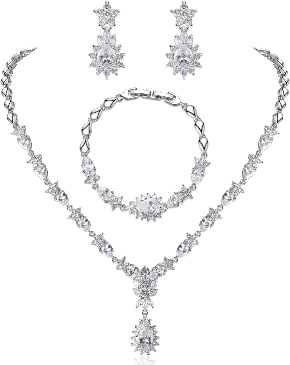 Hadskiss Jewelry Set for Women, Necklace Dangle Earrings Bracelet Set, White Gold Plated Jewelry Set with White AAA Cubic Zirconia, Allergy Free Wedding Prom Party Jewelry for Bridal Bridesmaid