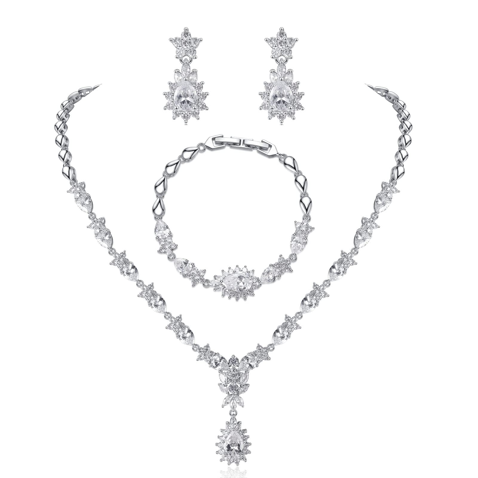 Hadskiss Jewelry Set for Women, Necklace Dangle Earrings Bracelet Set, White Gold Plated Jewelry Set with White AAA Cubic Zirconia, Allergy Free Wedding Prom Party Jewelry for Bridal Bridesmaid