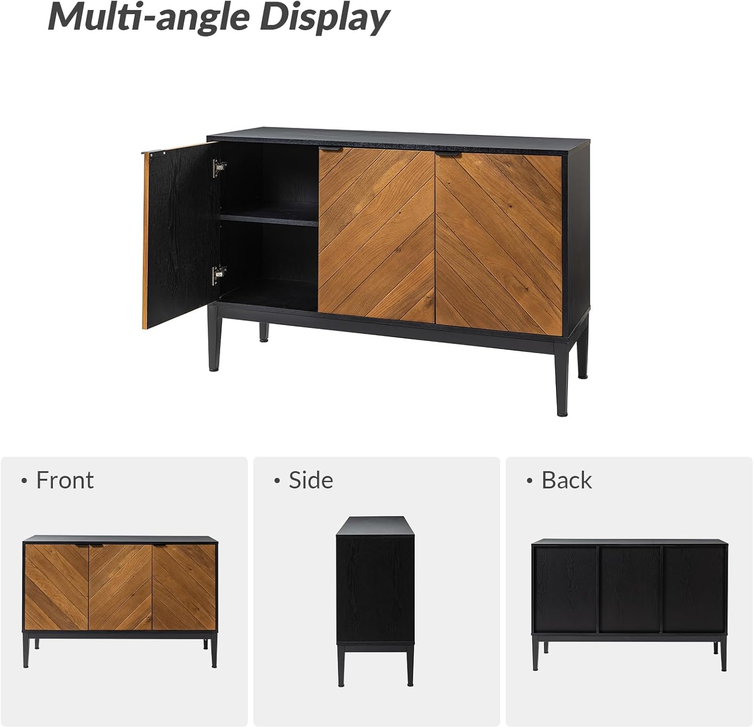 HULALA HOME 47" Accent Cabinet with Storage, Sideboard Buffet with Metal Legs, Adjusted Shelves, 3 Push Catch Doors Credenza Cupboard for Dinning Room/Living Room, Black