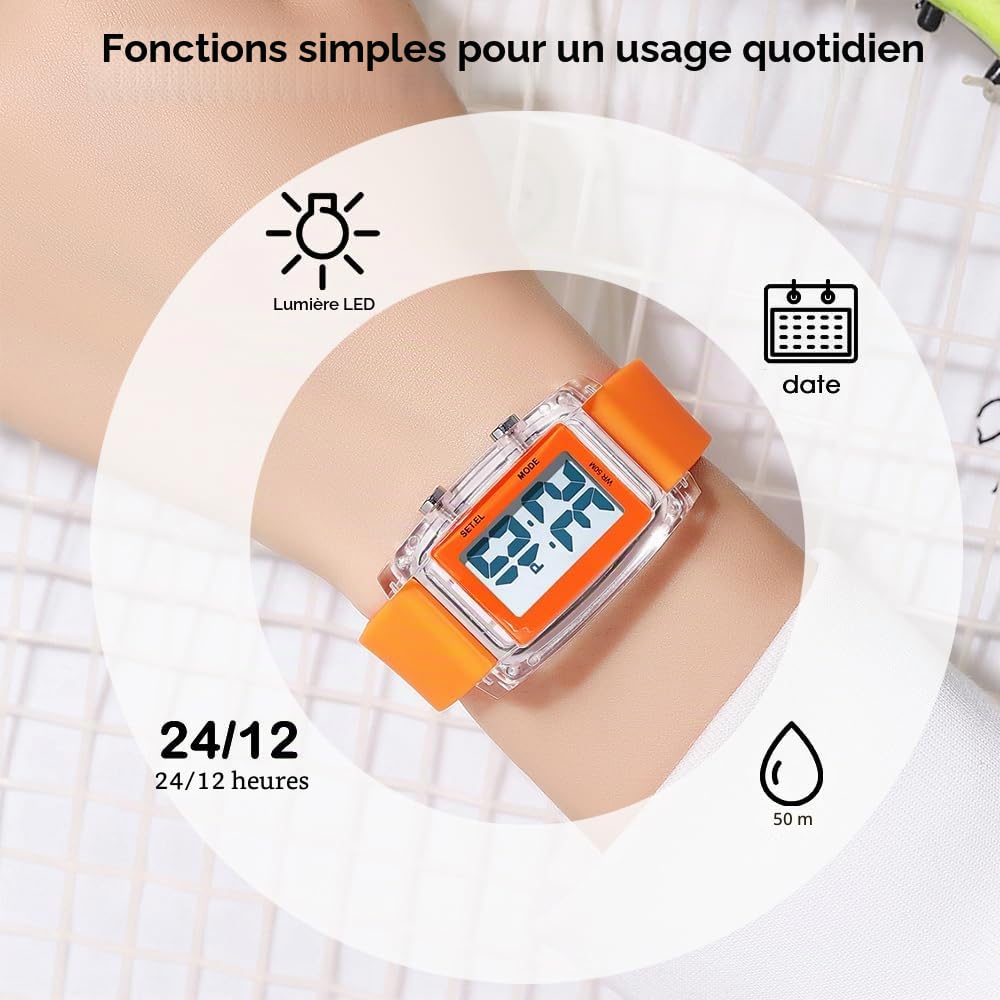 findtime Montre numérique étanche pour femme - Montre de sport à grands chiffres - Facile à lire avec rétroéclairage LED