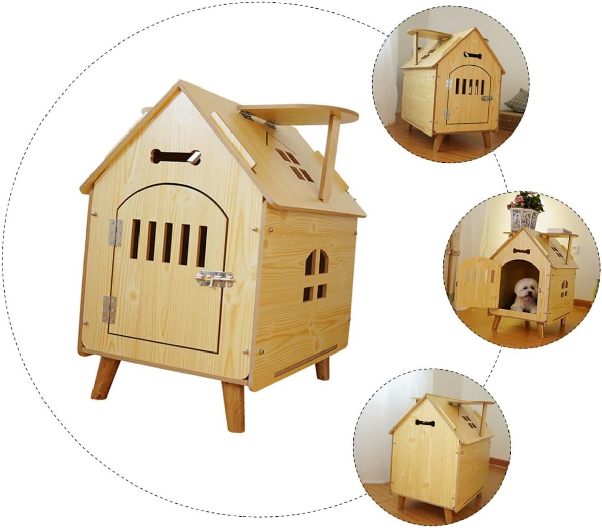 HEMOTON Outdoor Wooden Dog House Medium Size Simple Pet Shelter with Wood Kennel Fence Weather-Resistant Dog Nest for Puppies