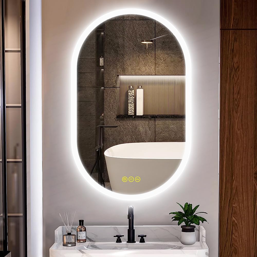 CITYMODA Bathroom Mirror with Lights Oval 20 * 32 inch Backlit Bathroom Vanity Mirror with Lights 3 Colors Stepless Dimmable Anti-Fog Vanity Mirror with Led Lights Wall Mount for Bathroom