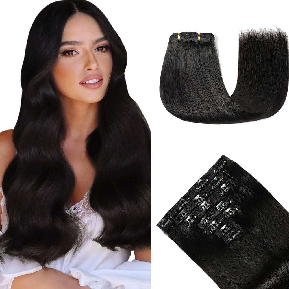 HotLulana Extension Capelli Veri Clip 7pcs 55cm 120g Nero Naturale Extension Capelli Veri 22 Pollice Extension Capelli Clip Invisible Extension Clip Capelli Veri Human Hair Extension Clip 1B#