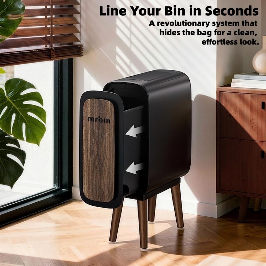 MRBIN Slim Automatic Trash Can with Legs, 2.4 Gallon Touchless Butterfly Sliding Lid, 9L Convertible Height Waste Bin for Bedroom,Black image 3