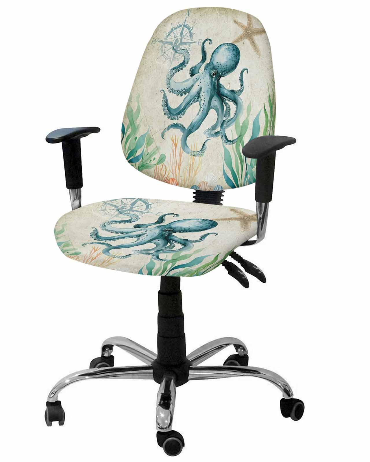 Coastal Teal Octopus 2 Pieces Computer Office Chair Covers Set,Stretchable Desk Rotating Chair Seat Cushion Slipcover Back Covers,Vintage Nautical Marines Life Slipcover Back Cover,Protectors Cover