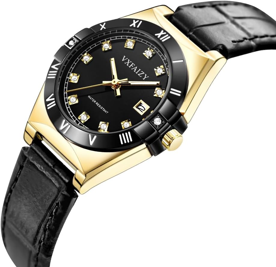 Elegant Watch for Women with Crystal Markers and Genuine Leather Band Ladies Calendar Watch
