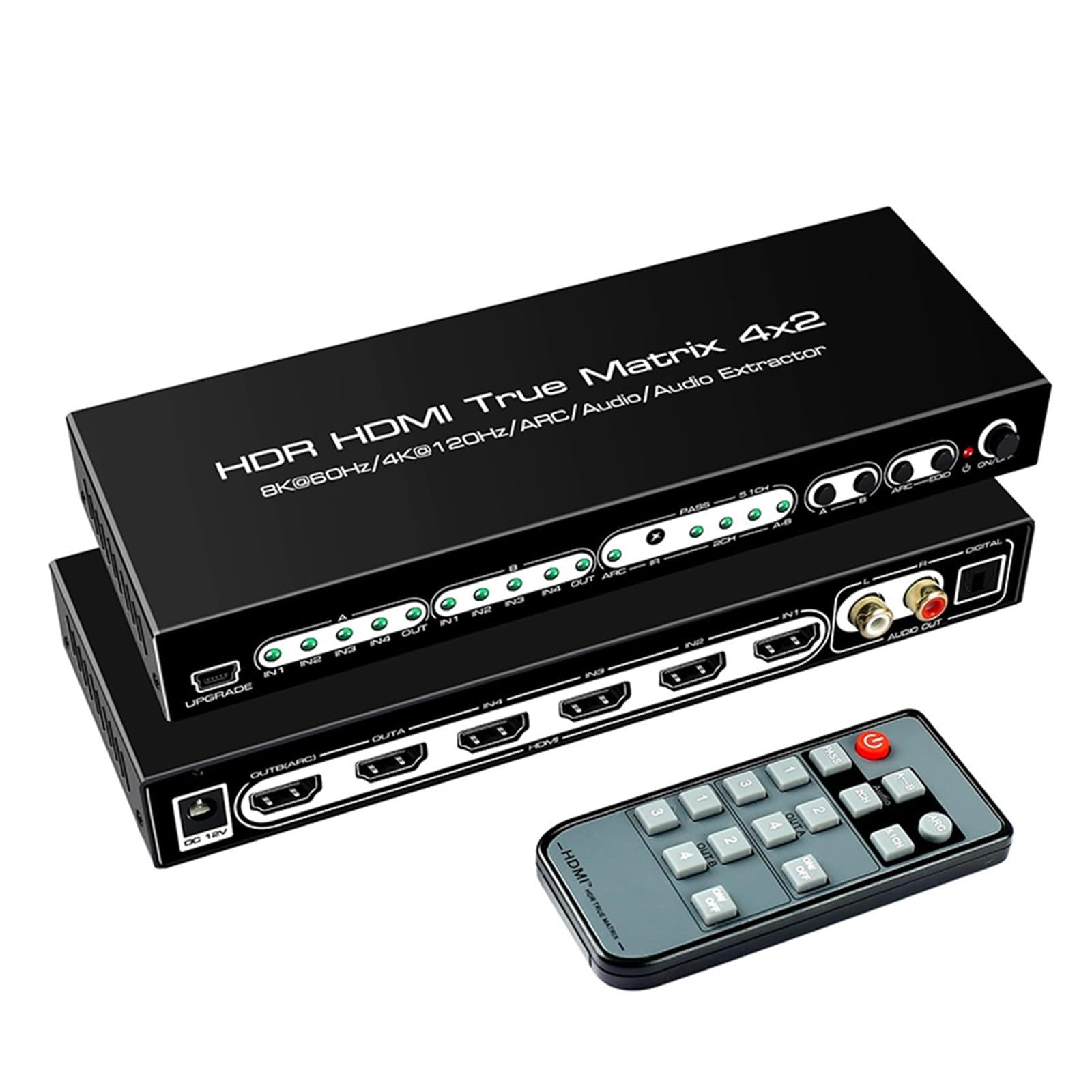 Konwerter Cyfrowy, Matryca przełącznika 8K 2.1, rozdzielacz wideo 4x2, ekstraktor 4K 120 Hz ARC Vision Atmos 7. 5. 2CH