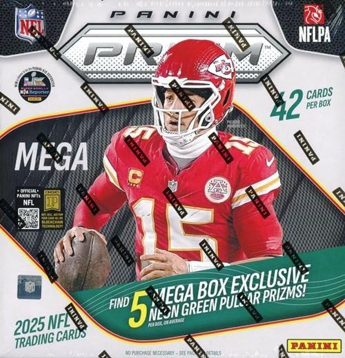 PRIZM 2025 Panini Football HUGE Factory Sealed MEGA Box with Memorabilia Card (10) ROOKIES (5) EXCLUSIVE NEON GREEN PULSAR PRIZMS! Look for RCs Jaxson Dart Travis Hunter Cam Ward Sanders & More!