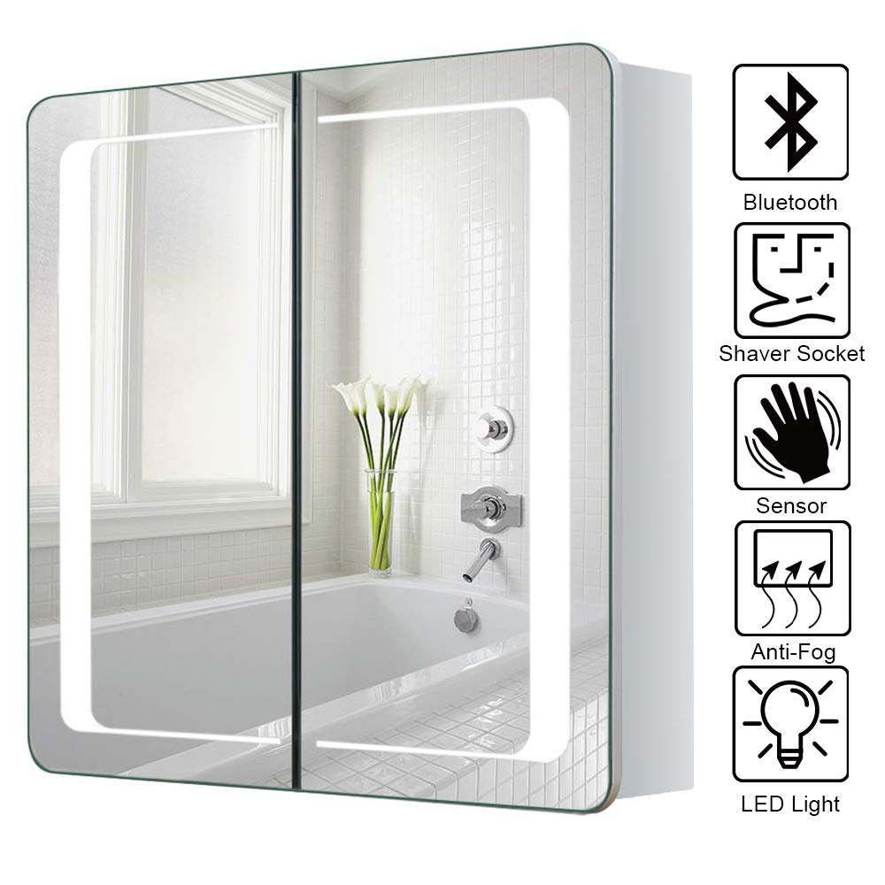 Warmiehomy Modern Led Bathroom Mirror Cabinet Lights Shaver Socket Bluetooth Touch Sensor Demister Pad For Makeup Cosmetic Shaving 650x600mm Amazon Co Uk Kitchen Home