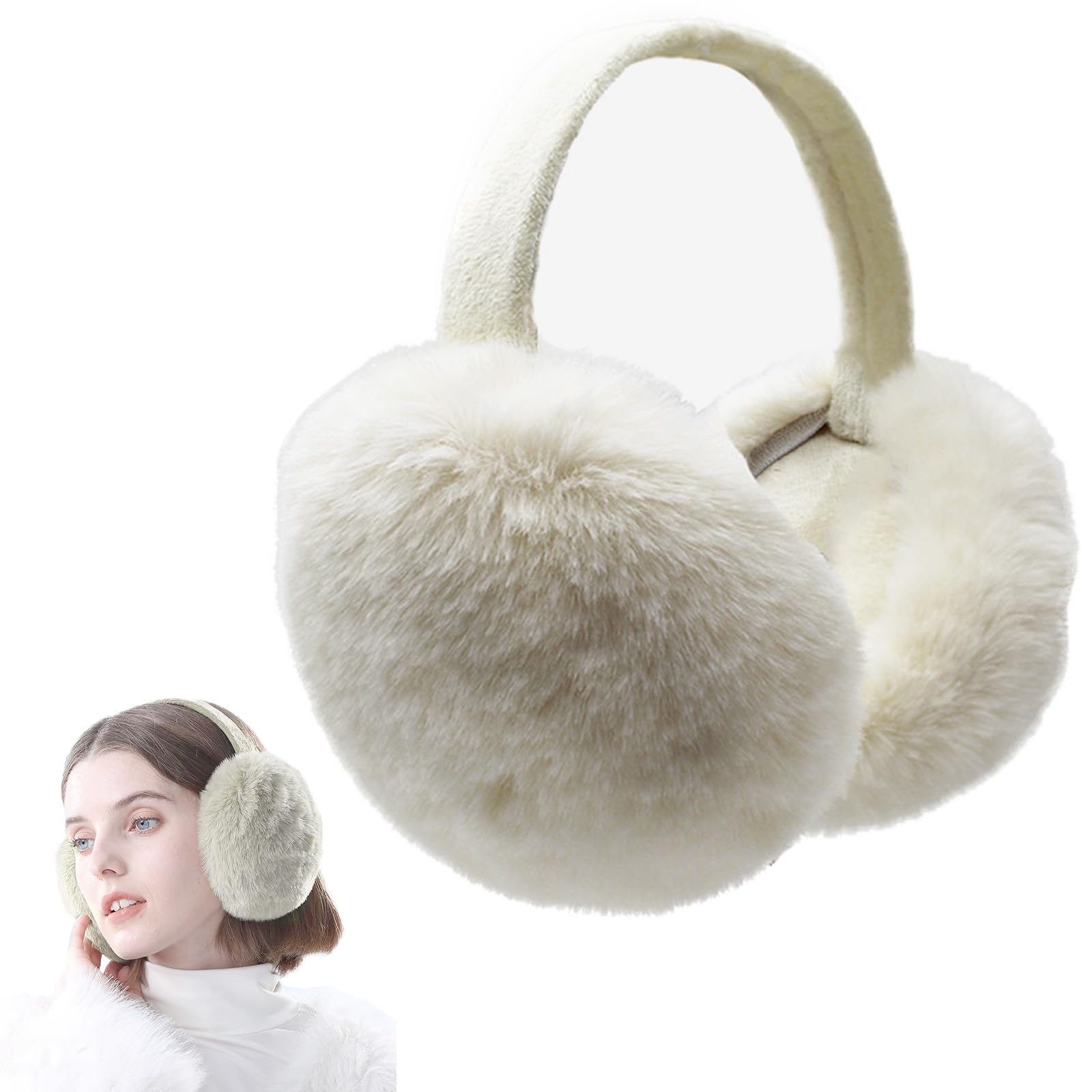 Cache-Oreilles Femme Hiver En Peluche Douce - Réglable, Pliable Et Chaud Pour L'Extérieur - Blanc