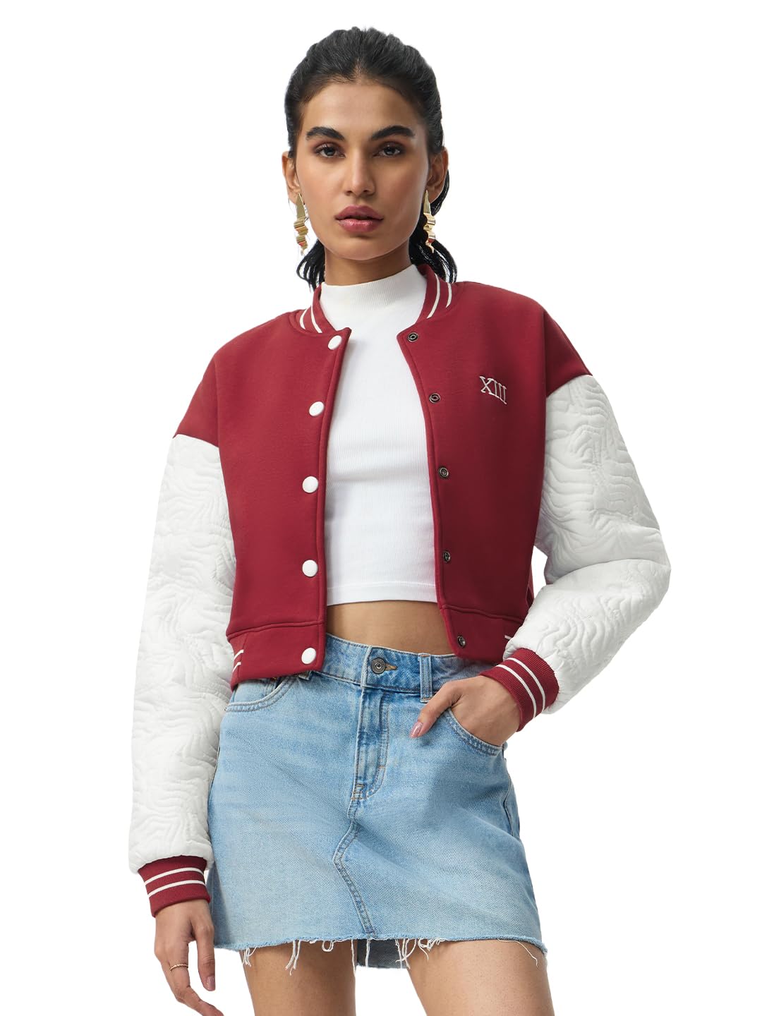 the souled store Varsity Jacket: Scarlet Women and Girls Long Sleeves Spread Collar Red and White Colour-Block Cotton Polyester Oversized Fit Quilted Casual Winter Jacket-picture-27