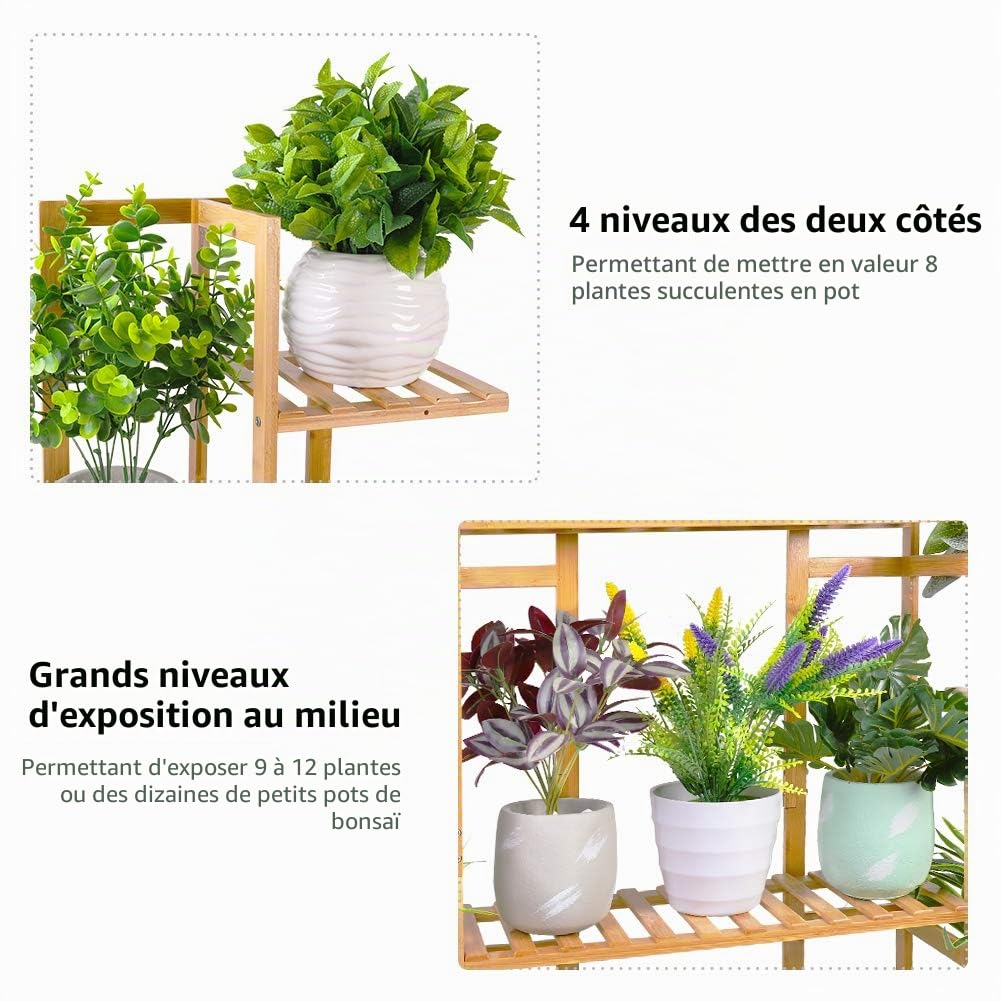 medla Étagère Plante Bambou, Porte Plante Multi-Fonction à 9 Tablettes, Support Pot de Fleurs Design Vertical, Idéal Pour Maison Balcon Terrasse Jardin Bureau Café - 123x89x19.5cm, Charge Max 95kg