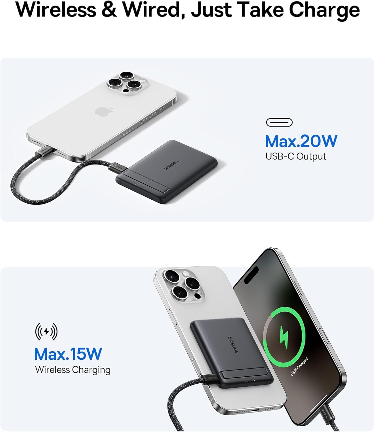 Baseus Picogo Power Bank charging an iPhone wirelessly and another device via USB-C