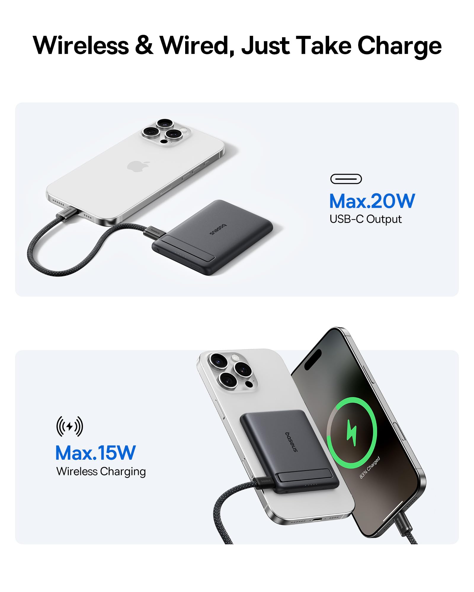 Baseus Magsafe Powerbank PD 30 W, 10.000 mAh, magnetische externe batterij met geïntegreerde USB-C-kabel (aan/uit) voor iPhone 15/14/13/12 serie, mini- powerbank, klein maar krachtig, wit