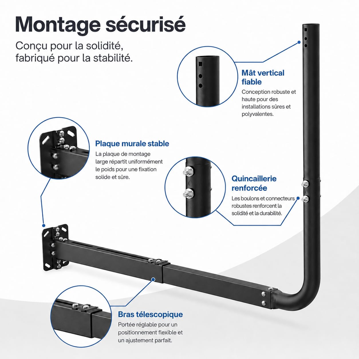 Mât d'antenne pour antennes TV, Satellite, Radio et Wi-FI | Longueur réglable (max. 83 cm), support mural robuste, support d'antenne, support d'antenne