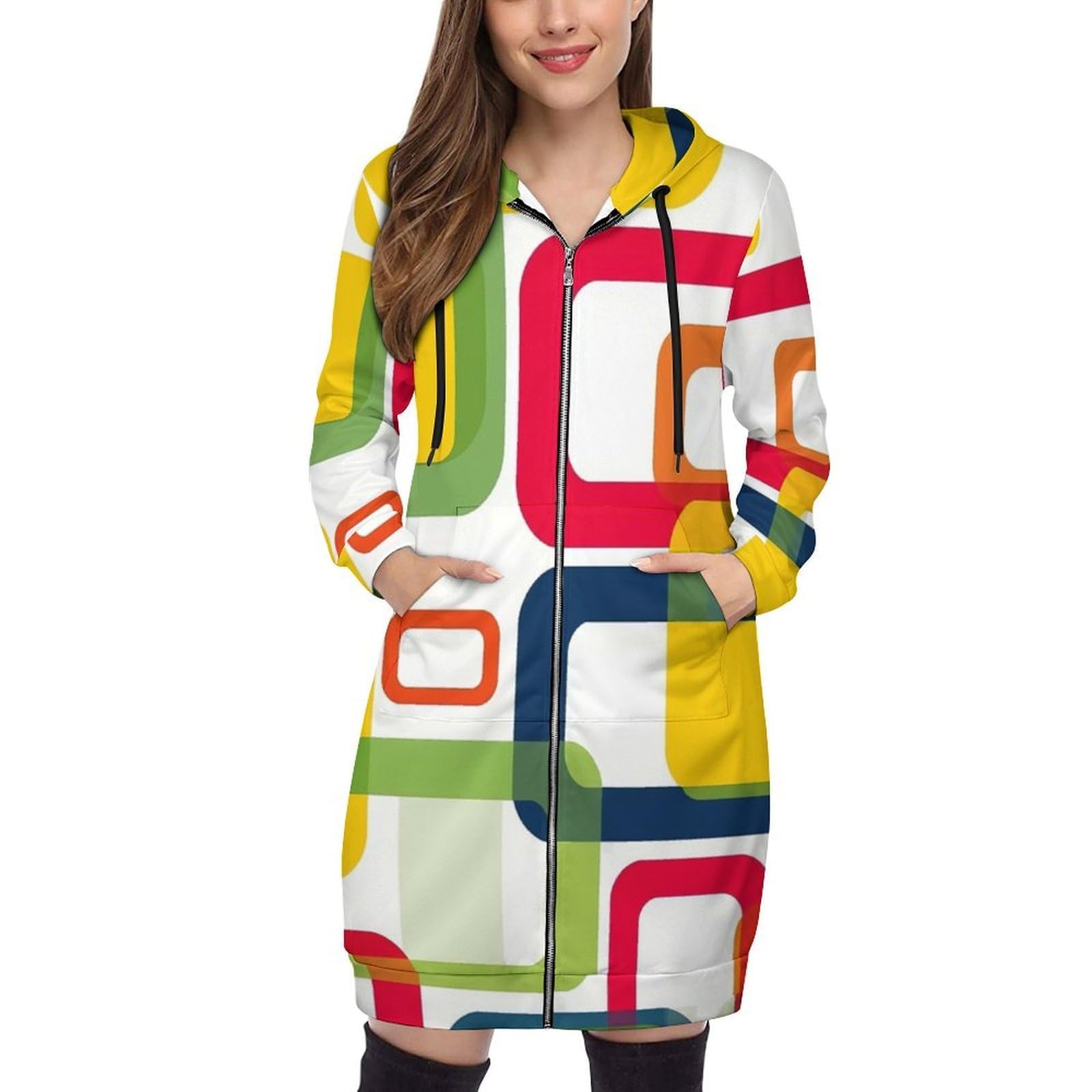 Felpa Donna con Zip Felpe Sportiva con Tasche E Cappuccio Motivo Quadrato Colorato Morbida Invernale Giacca Regolabile Confortevole per Uso Quotidiano Casual