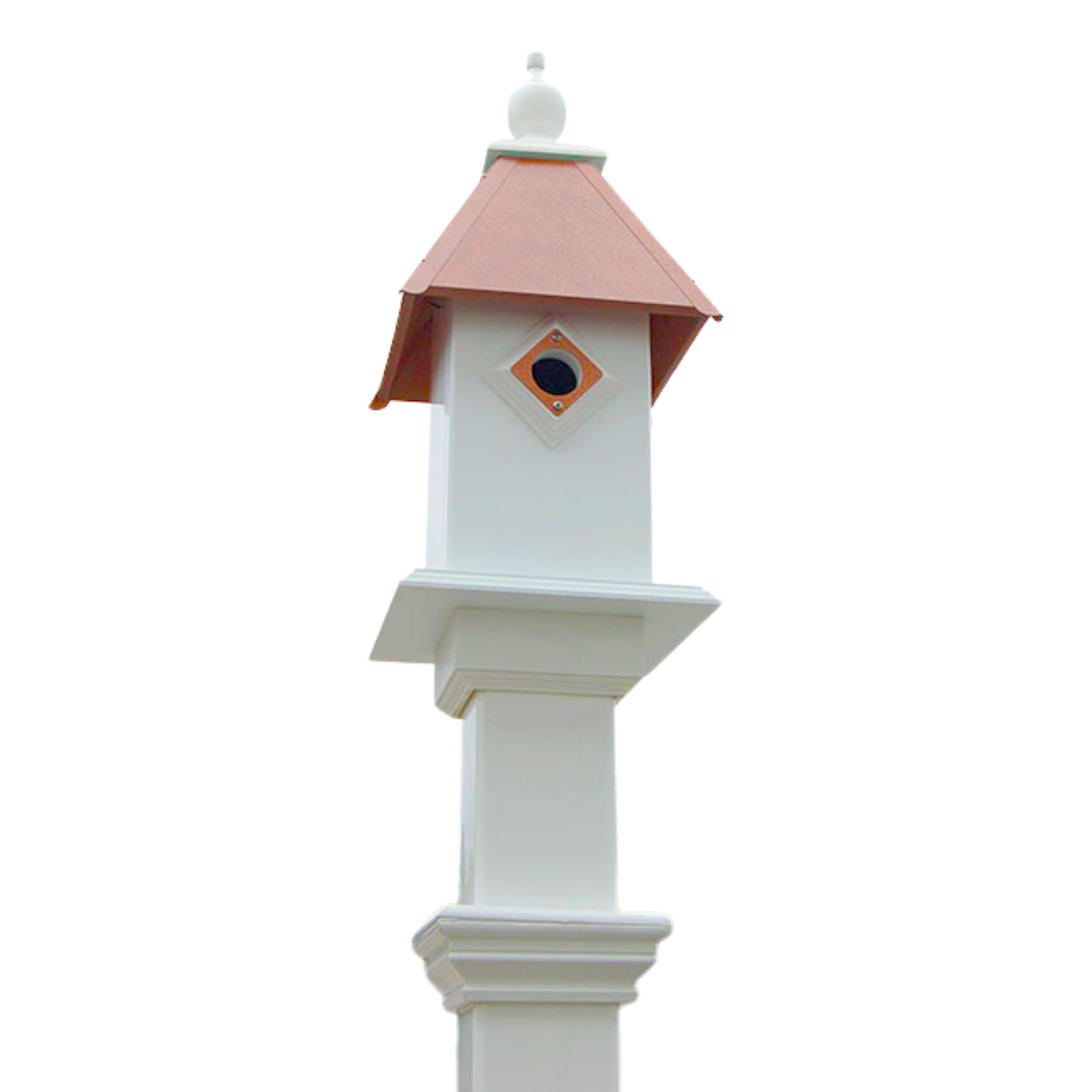 Classic Bluebird House with Copper Colored Roof & Mounting Post – Elegant PVC Birdhouse with 1.5" Entry Hole, White Vinyl Post & Ground Anchor –