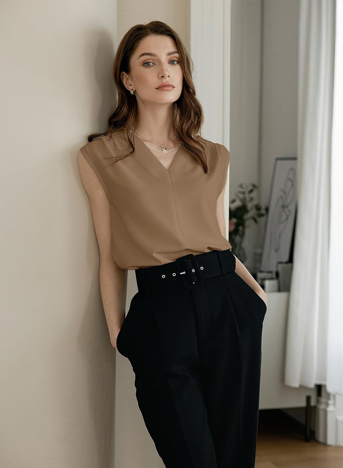 EVALESS Women's Pleated V Neck Sleeveless Tank Top - Image 3