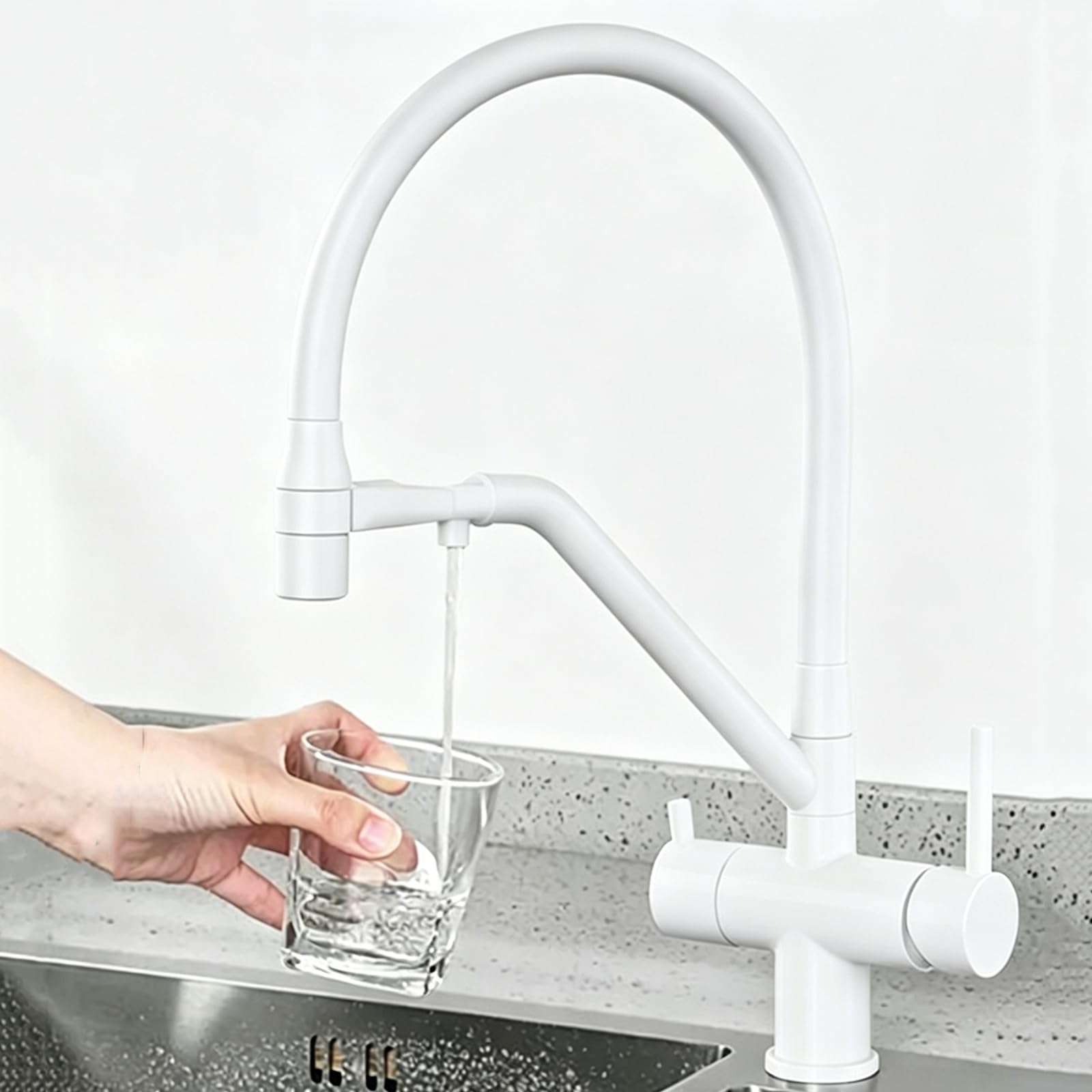 Robinet 3 Voies Blanc Eau Pure Froide et Chaude Pivotant Mitigeur Cuisine Laiton-Blanc