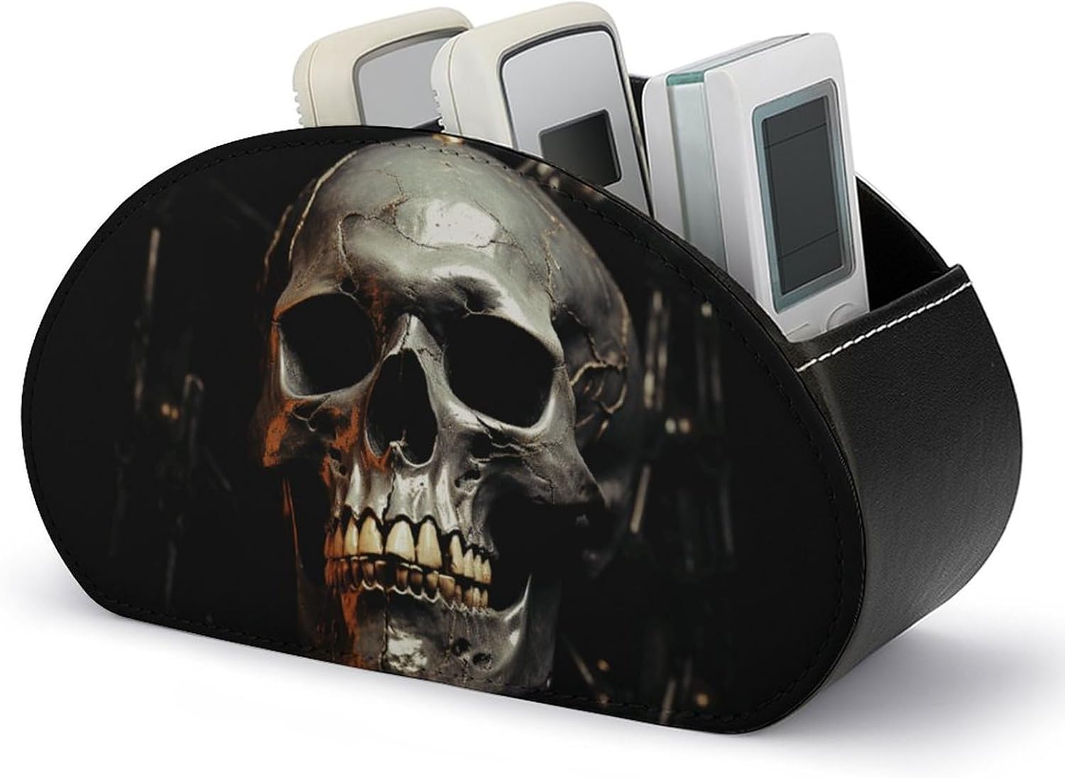 Remote Control Holder PU Leather Remote Caddy with 5 Compartment TV Remote Holder Eerie Scary Skull Remote Box Remote Control Organizer Pen Holder for Desktop Organizers