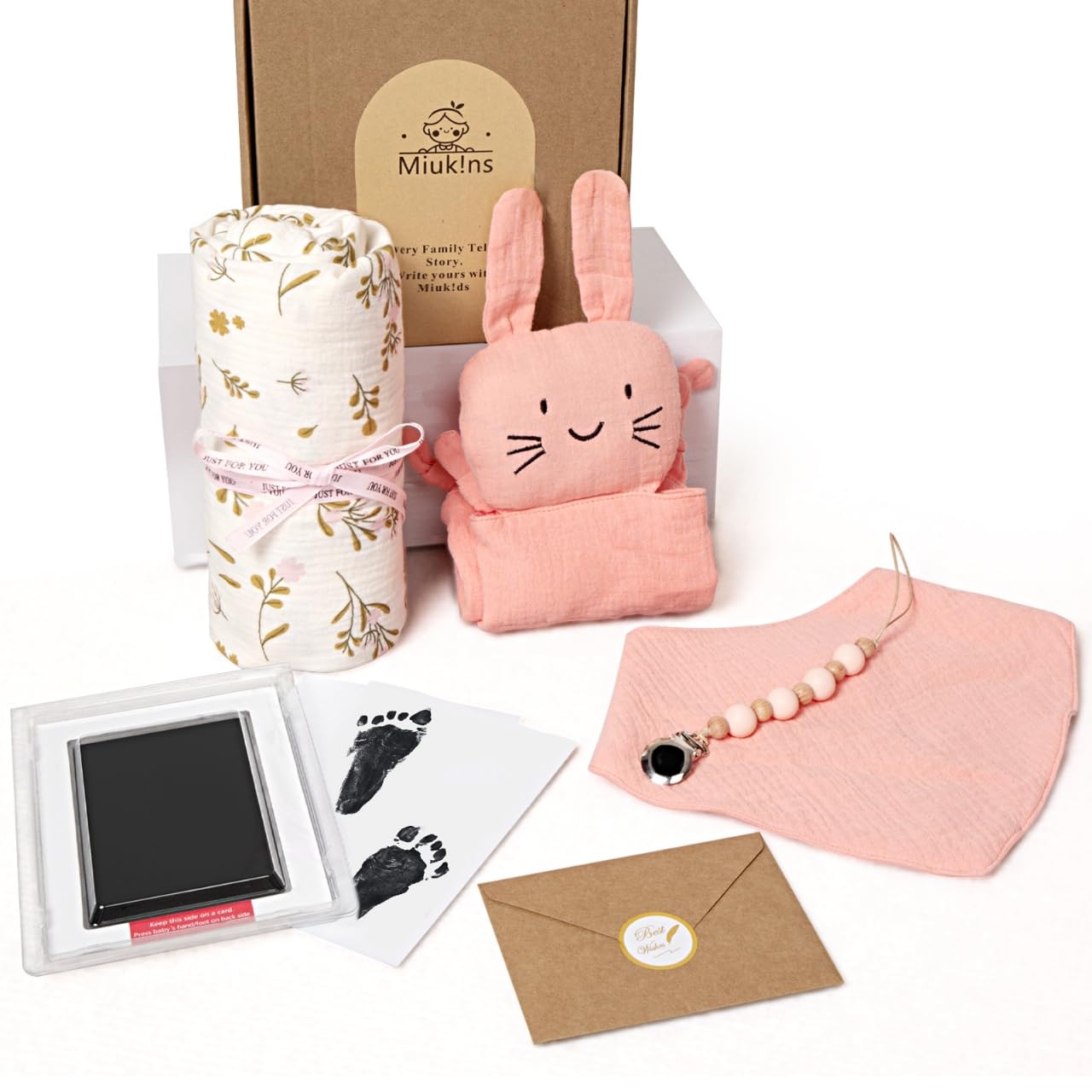 Coffret cadeau bébé 6 en 1 couverture mousseline doudou bavoir chaîne tétine pied carte cadeau Rose