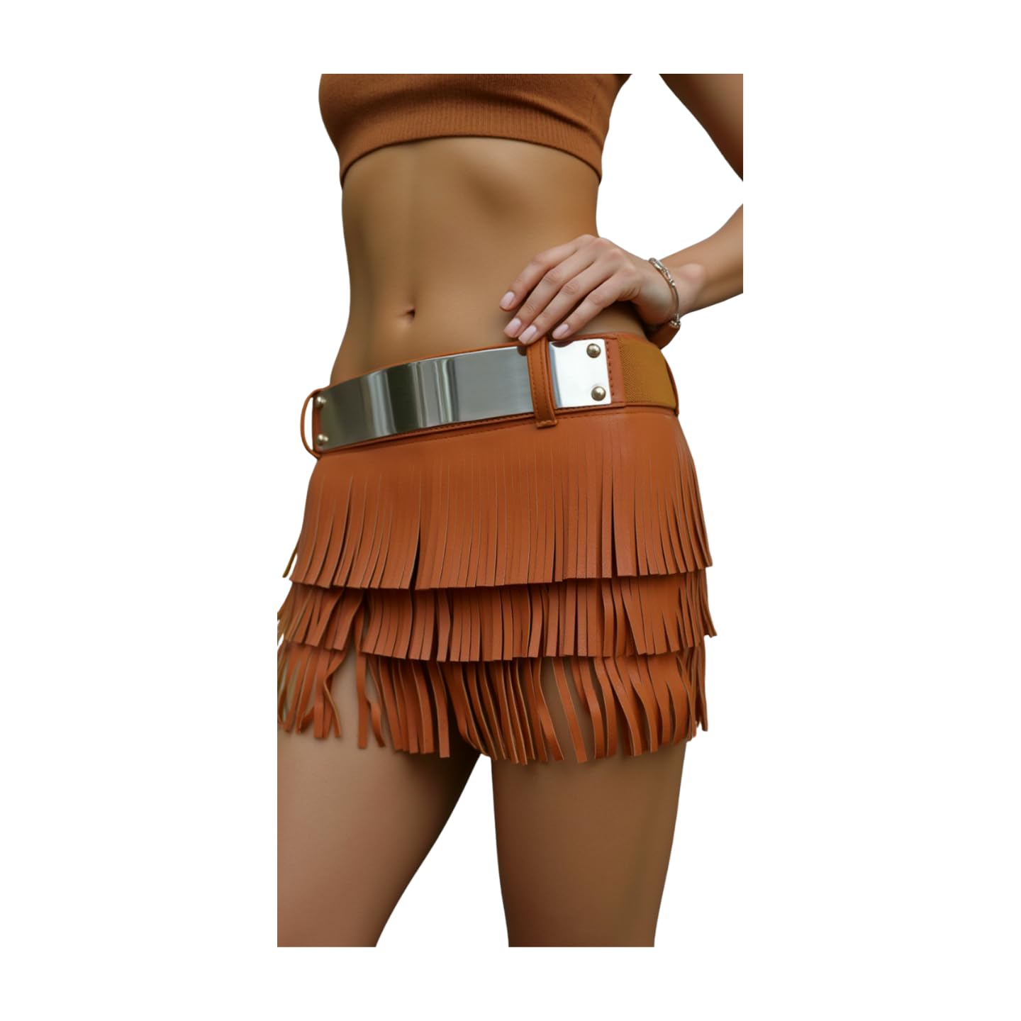 Women Wrap Around Fashion Mini Skirt Tie Belt Hip Brown Faux Leather Fringes Size S M