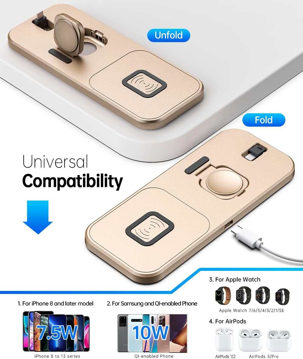 XICPU Portable and Foldable 3 in 1 Wireless Charging Station, Fast Wireless Charger Stand for Apple Watch iPhone AirPods Coppery