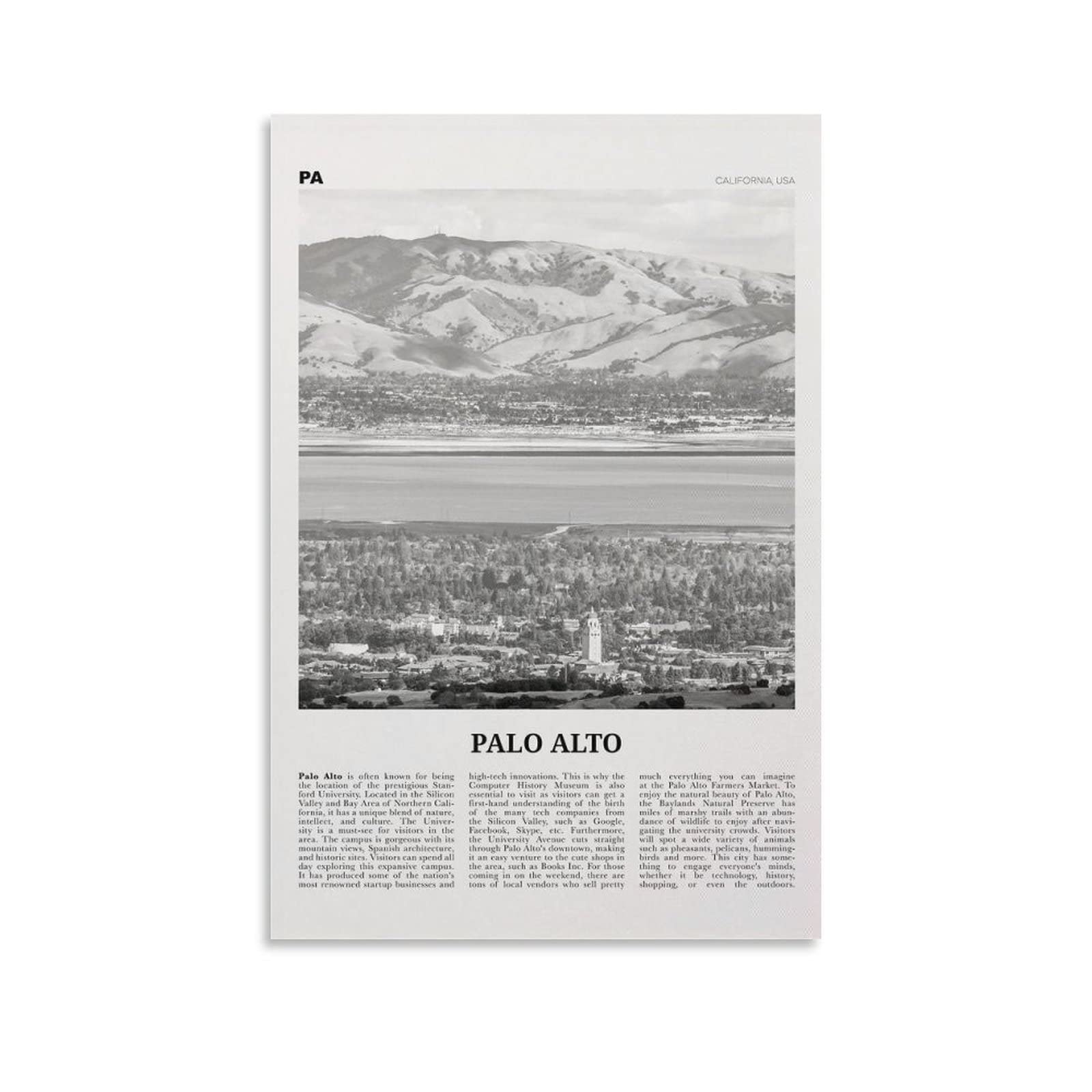 Palo Alto Print Black And White, Palo Alto Wall Art, Palo Alto Poster, Palo Alto Photo, Palo Alto Wa Poster Decorative Painting Canvas Wall Art Living Room Posters Bedroom Painting 20x30inch(50x75cm)