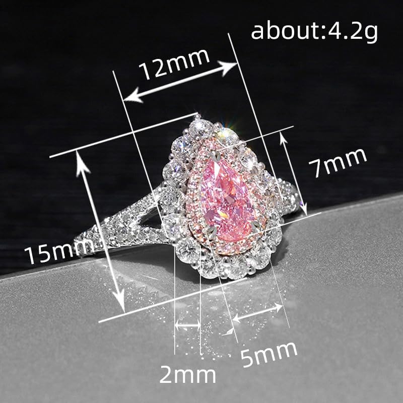 Gixaxak 925 Sterling Silver Ring Pear Cut Super Shiny Pink CZ Stone Cocktail Ring Sparkling Water Drop Cubic Zirconia Crystal Ring Sterling Silver Heart Halo Promise Ring 9 - Image 4