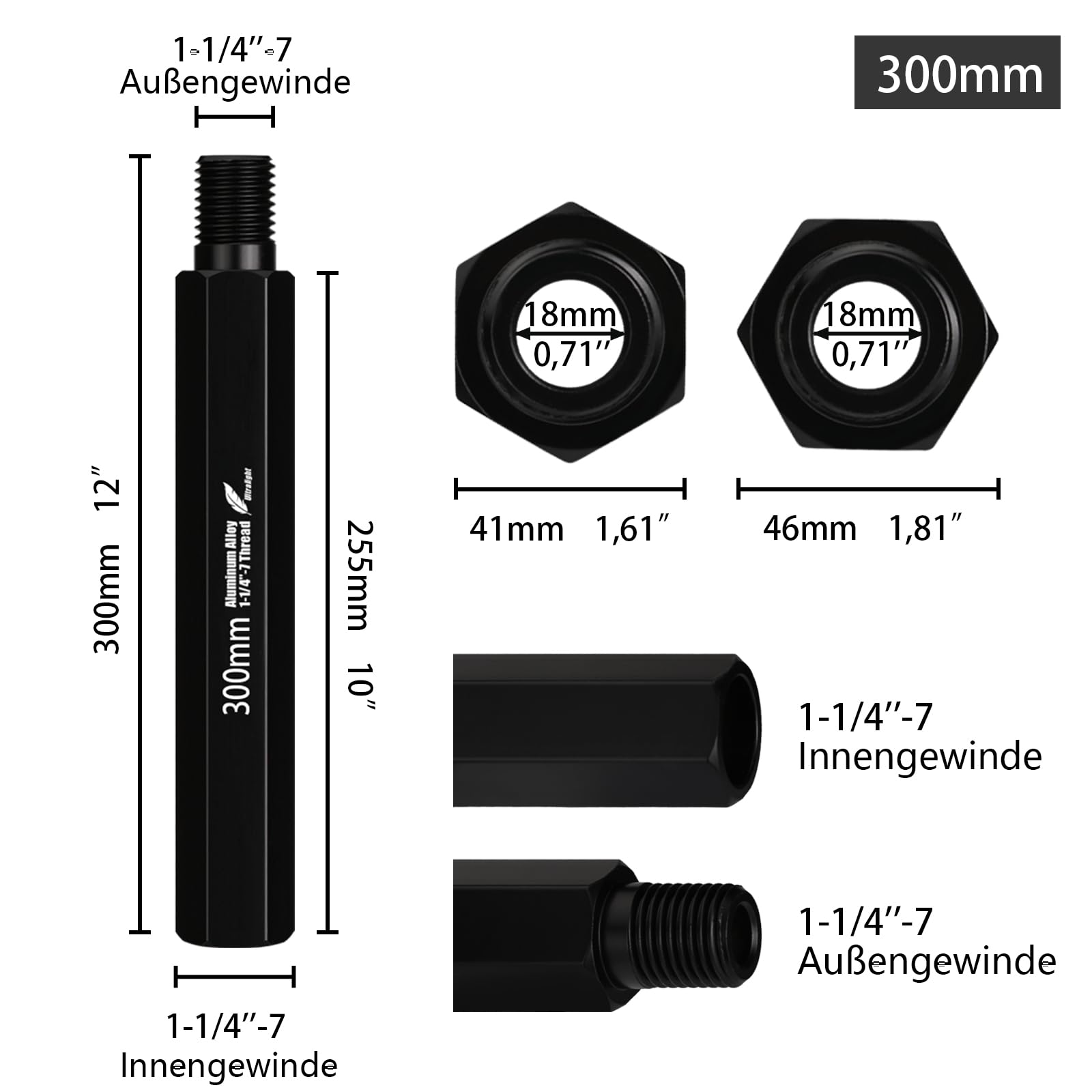 300mm Diamantbohrer Verlängerung mit 1-1/4"-7 UNC, Verlängerungsstange aus Aluminiumlegierung für Bohrkrone, zum Bohren tieferer Löcher in Beton und Mauerwerk