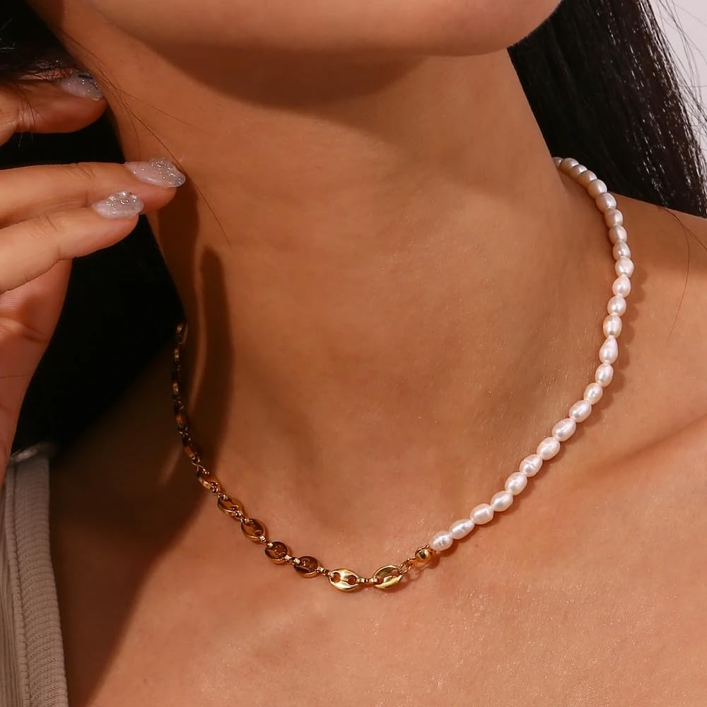 YDYDTTKD Collar de Cadena de Media Perla Natural Vintage de Plata de Ley 925 para Mujeres y Hombres, Conjuntos de Pulseras clásicas-Collar de Agua Dulce,