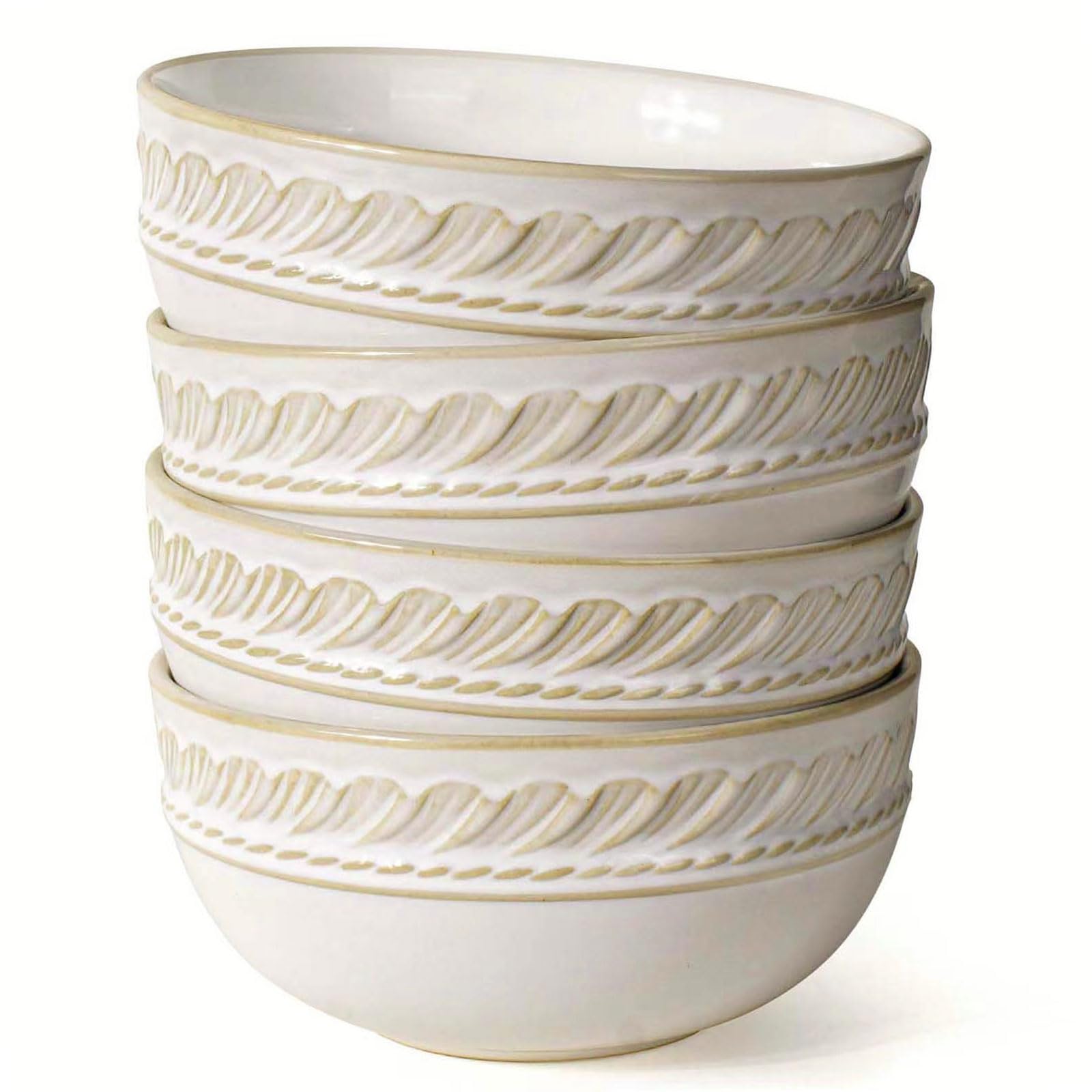 Artena 32 Oz Soup Bowls, Set Of 4 – Large Ceramic Ramen Bowls, Embossed Design, White, Dishwasher & Microwave Safe