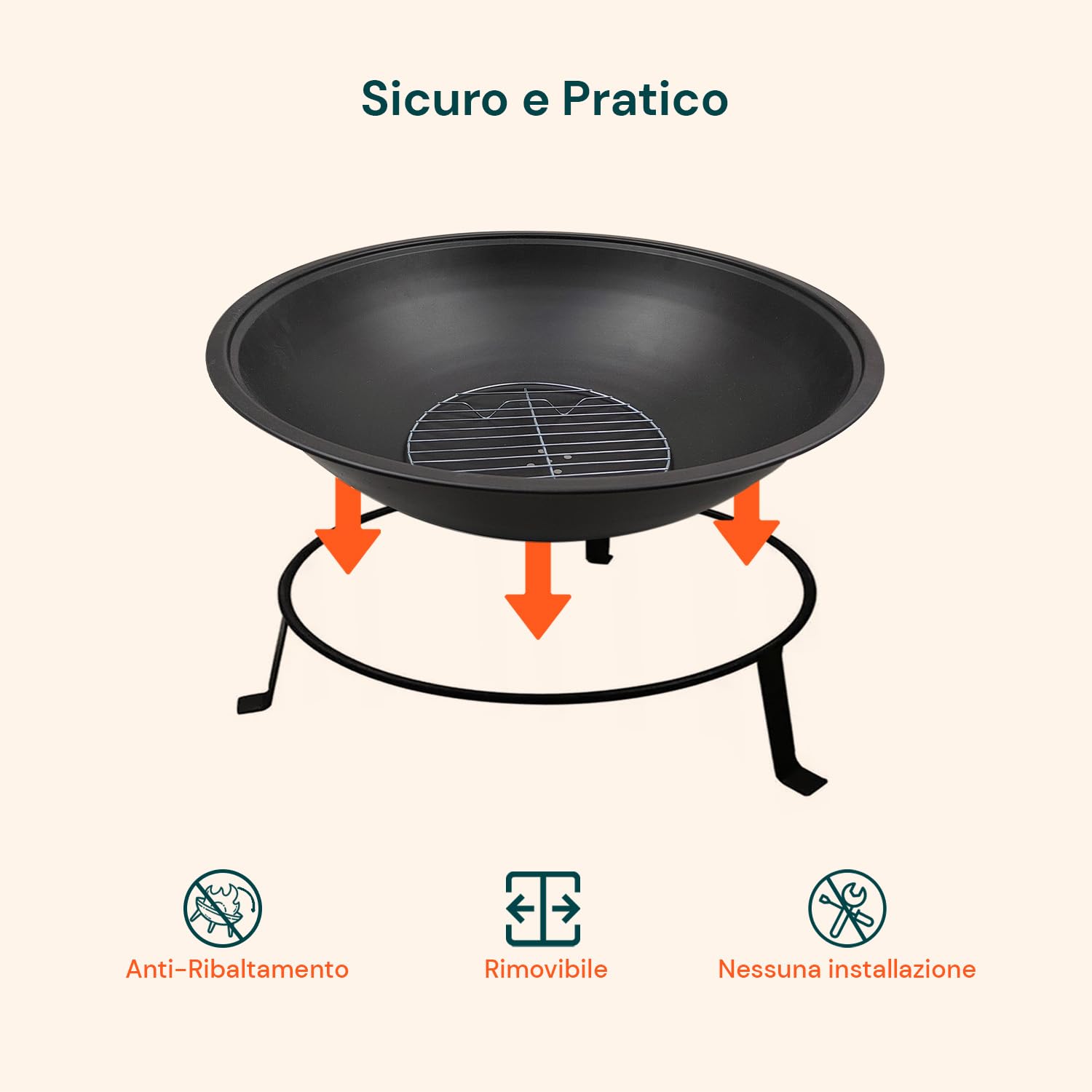 Avilia Braciere da Giardino 52 cm – Braciere da Esterno in Metallo Resistente al Calore per Riscaldamento e BBQ, Fornacella a Carbone Compatta per Griglia Barbecue e Atmosfera Outdoor