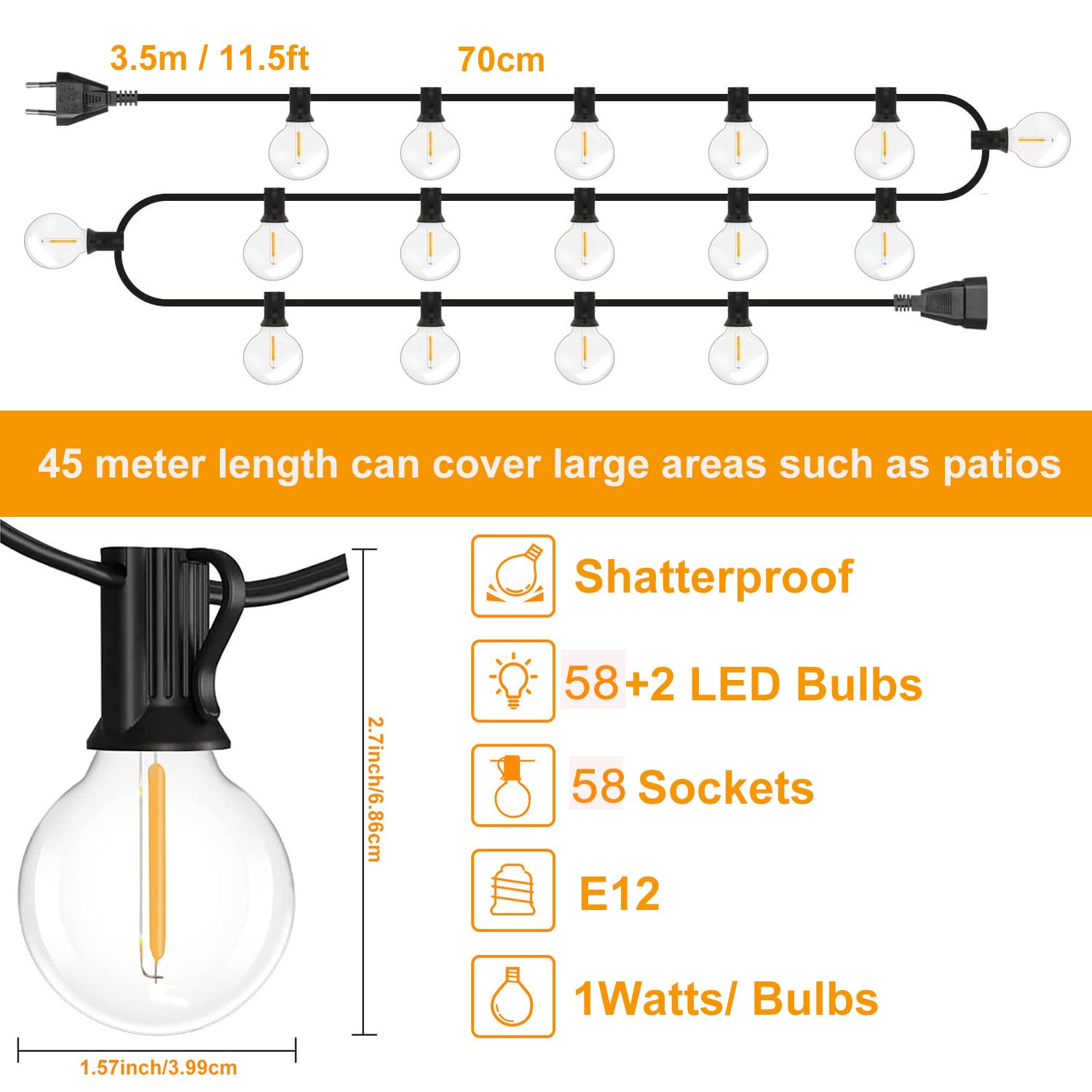 Catena Luminosa Esterno - 45M / 150FT Luci da Esterno Impermeabile LED Catene Luminose con 58 G40 Lampadine Decorative per Terrazzo Giardino Balcone Barbecue Partito Festa Matrimonio Gazebo