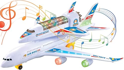 Transbordador espacial eléctrico de avión transportador de juguete de acción para niños Bump and Go - Modelo grande Jumbo Jet con luces 3D