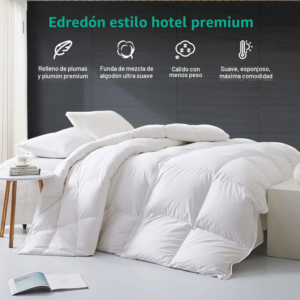 APSMILE Edredón Relleno Nórdico de Plumas y Plumón de Ganso Cama 80-135 x 200 cm, Apto para Invierno Edredón Nórdico 135x200cm, 8 pestañas en Las Esquinas (Blanco,1025g)