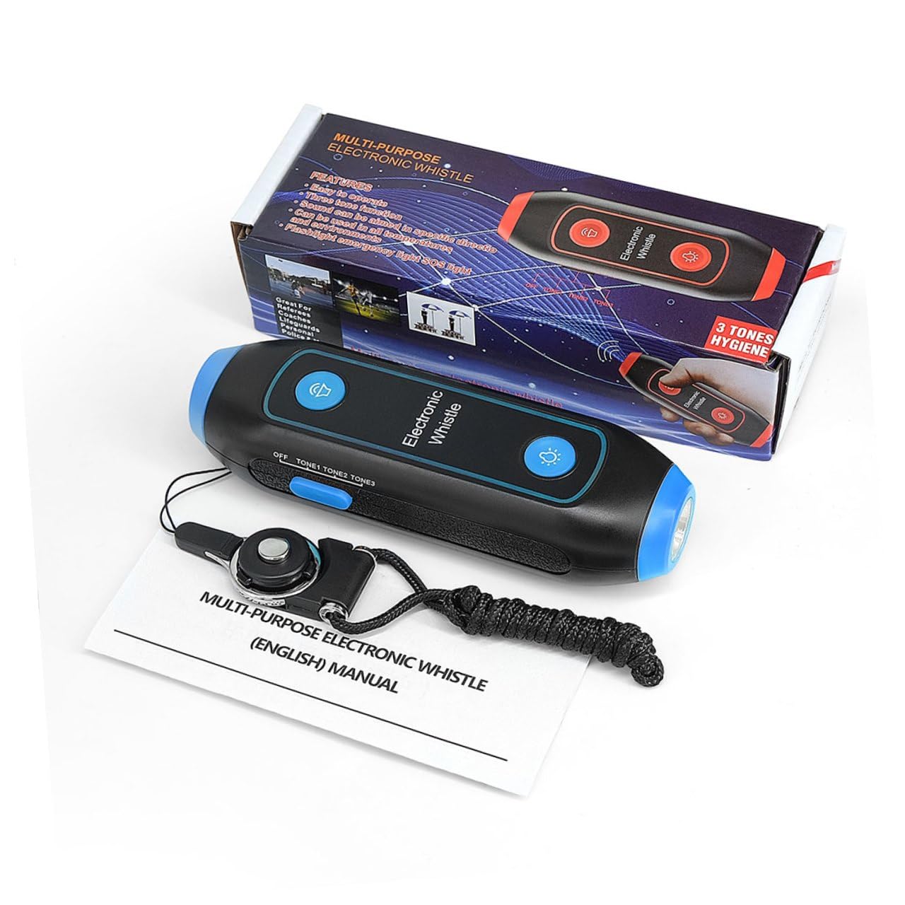 DECHOUS Sifflet Électronique D'arbitre Multifonction 3 Tons en Abs Bleu avec LED Sos Lampe Torche, Cordon Inclus, pour Entraîneurs, Arbitres, Camping et Sécurité Extérieure